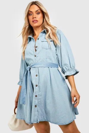 Boohoo Womens Plus Denim Pocket Tie Belt Skater Dress - - 26