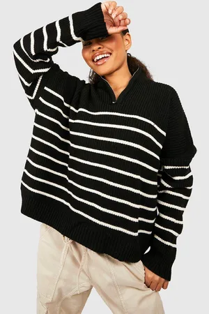 Boohoo Womens Petite Half Zip Stripe Jumper - - M/L