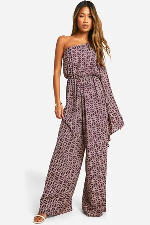 Boohoo Womens Flare Sleeve Printed Satin Jumpsuit - - 12