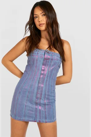 Boohoo Womens Coated Metallic Bandeau Denim Mini Dress - 16