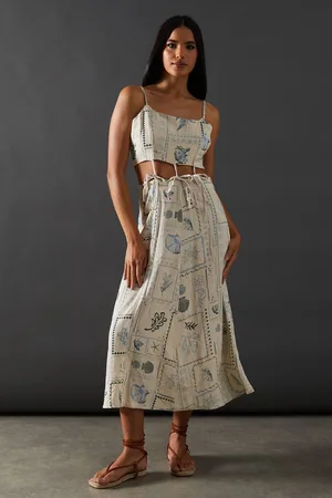 warehouse Womens Linen Postcard Print Tie Waist Strappy Sundress - - 16