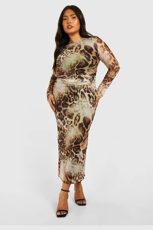 Boohoo Womens Plus Cut Out Long Sleeve Ruched Leopard Mesh Midaxi Dress - - 18