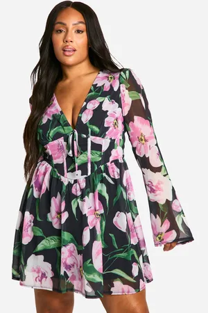 Boohoo Womens Plus Woven Chiffon Floral Milkmaid Skater Dress - - 18