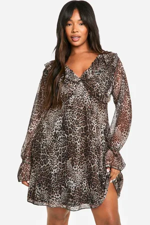 Boohoo Womens Plus Leopard Ruffle Smock Dress - - 26