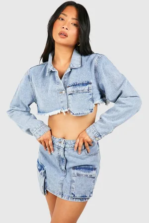 Boohoo Womens Petite Acid Wash Cargo Denim Shirt - - 10