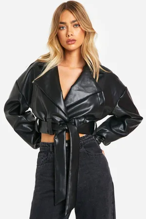 Boohoo Womens Faux Leather Belted Crop Jacket - - 14