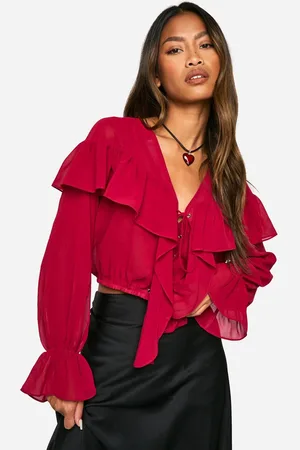 Boohoo Womens Chiffon Ruffle Tie Crop Blouse - - 14