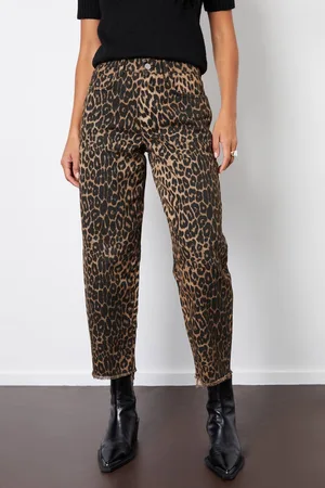 Threadbare Womens Leopard Print Barrel Leg Denim Jeans With Raw Hem - - 16