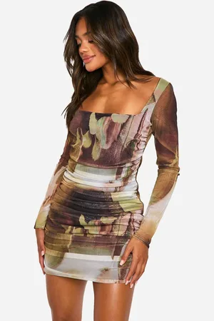 Boohoo Womens Square Neck Ruched Mesh Printed Bodycon Dress - - 18