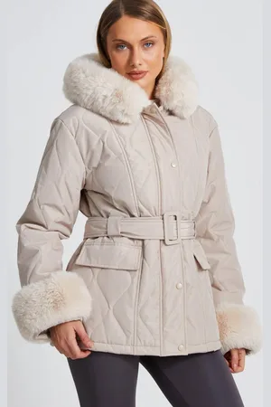Quiz Womens Stone Faux Fur Trim Jacket - - 18