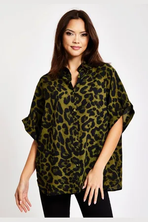 Liquorish Womens Khaki Animal Print Shirt With Short Sleeves - - 12