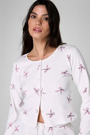 NASTY GAL Womens Cotton Bow Rib Button Through Pajama Top - - L