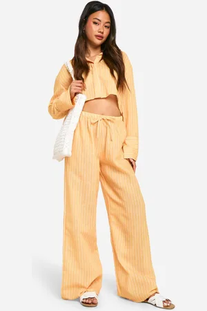 Boohoo Womens Linen Look Stripe Cropped Shirt & Wide Leg Trousers - - 14