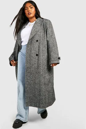 Boohoo Womens Plus Herringbone Double Breasted Wool Coat - - 18