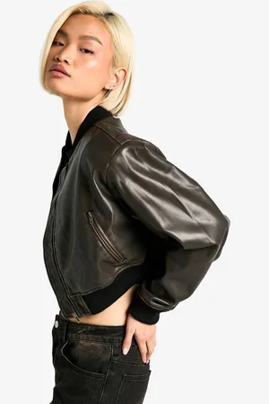 Boohoo Womens Vintage Look Faux Leather Cropped Bomber Jacket - - 16