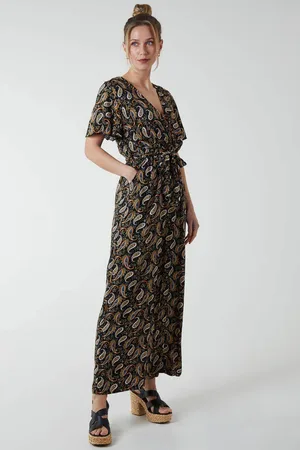 Blue Vanilla Womens Paisley Floral Tie Waist Jumpsuit - - L