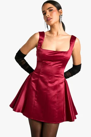Boohoo Womens Extreme Satin Structured Square Neck Skater Dress - 10