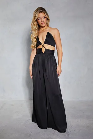 MissPap Womens Textured Satin Strappy Cut Out Jumpsuit - - 16