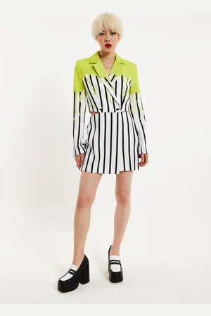 House of Holland Womens Stripe Monochrome Acid Green Splash Skort Playsuit - - 14