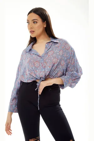 Liquorish Womens Floral Print Crop Shirt in Lilac - - L