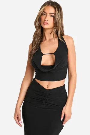 Boohoo Womens Double Layer Slinky Halterneck Cowl Front Crop Top - - 16