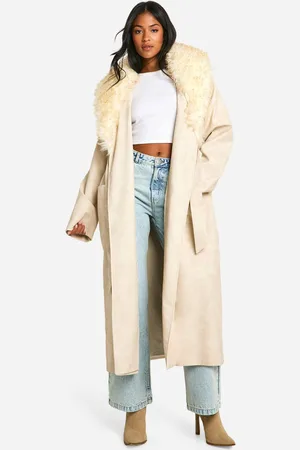 Boohoo Womens Tall Faux Fur Collar Vintage Look Faux Leather Trench Coat - - 10