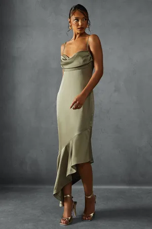 MissPap Womens Premium Satin Draped Bust Frill Hem Midi Dress - - 8