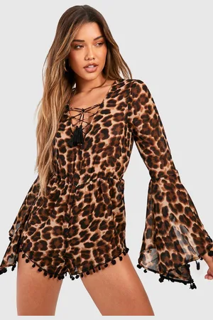 Boohoo Womens Leopard Chiffon Lace Up Flared Sleeve Beach Playsuit - - S