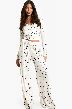Boohoo Womens Heart Print Long Sleeve Wrap Top & Trousers Pyjama Set - - 16