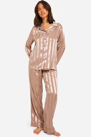 Boohoo Womens Jacquard Stripe Satin Trouser Pj Shirt Set - - 6