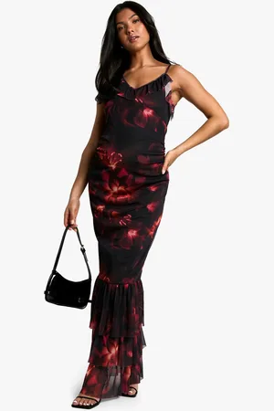 Boohoo Womens Maternity Floral Print Mesh Ruffle Hem Detail Strappy Maxi Dress - - 18