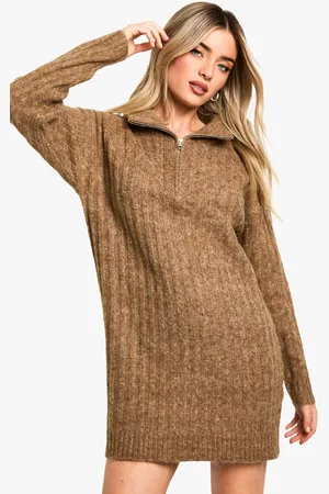 Boohoo Womens Soft Knit Thick Rib Zip Neck Oversized Jumper Dress - - S