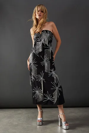 warehouse Womens Premium Hand Embellished Sequin Bandeau Fringe Starburst Midi Dress - - 8