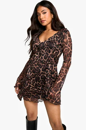Boohoo Womens Petite Leopard Print Ruffle Shift Dress - - 8