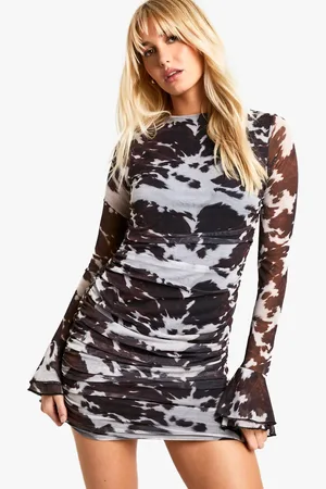 Boohoo Womens Cow Printed Mesh Flare Sleeve Mini Dress - - 8