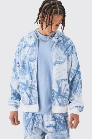 Boohoo Boxy Zip Through Printed Heavyweight Waffle Hoodie - - M