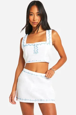 Boohoo Womens Embroidered Linen Look Crop Top & Mini Skirt Set - - 14