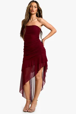 Boohoo Womens Bandeau Ruched Mesh Ruffle Hem Mini Dress - - 14
