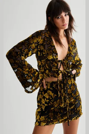 NASTY GAL Womens Floral Devore Ruched Channel Tie Front Floaty Sleeve Top - - 6