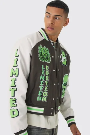 Boohoo Boxy Twill Limited Badge PU Sleeve Varsity Jacket In - L