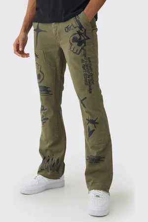 Boohoo Fixed Waist Slim Flare Twill Laser Printed Carpenter Trousers - - 32