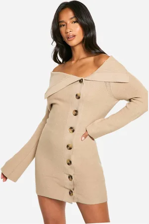 Boohoo Womens Petite Premium Rib Knit Foldover Detail Button Down Mini Dress - - L