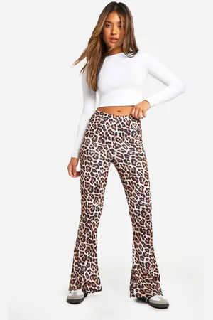Boohoo Womens Petite Leopard High Waist Basic Fit & Flare Trouser - - 12