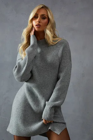 MissPap Womens Knitted Rib Grown On Neck Split Leg Mini Dress - - XS/S