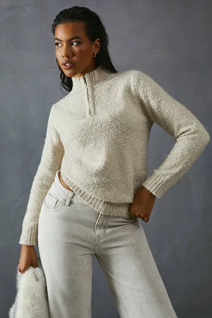 MissPap Womens Knitted Boucle Zip Up Neck Oversized Jumper - - XS/S