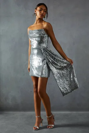 MissPap Womens Sequin Corseted Bandeau Draped Bodycon Mini Dress - - 12