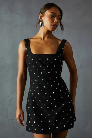 MissPap Womens Embellished Tweed Square Neck A-line Mini Dress - - 6