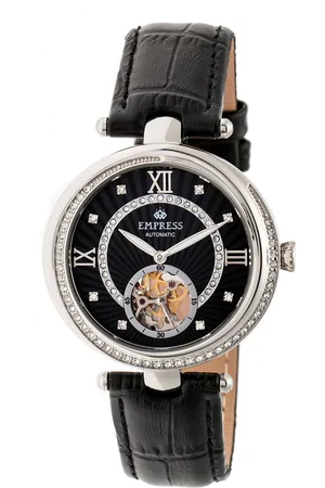 Empress Womens Stella Automatic Semi-Skeleton MOP Leather-Band Watch - - One Size