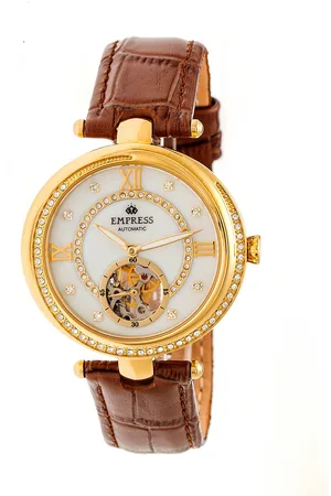 Empress Womens Stella Automatic Semi-Skeleton MOP Leather-Band Watch - - One Size