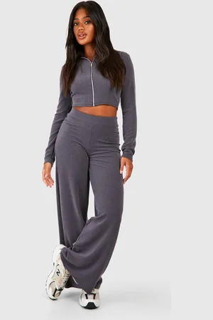 Boohoo Womens 2 Tone Rib Zip Front Top & Wide Leg Trousers - - 10